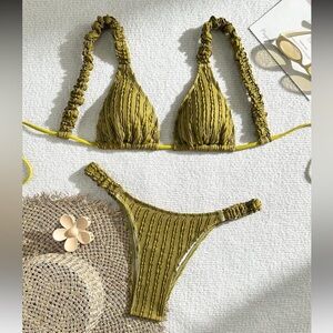 Olive Green Textured Triangle Bikini